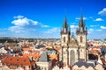 Aerial view of church of our lady before Tyn at Prague old town square opposite Prague astronomical clock or Prague orloj, famous Royalty Free Stock Photo