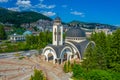 Aerial view of Church of Saint Vissarion Smolenski and planetarium in Smolyan, Bulgaria