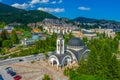 Aerial view of Church of Saint Vissarion Smolenski and planetarium in Smolyan, Bulgaria