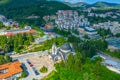 Aerial view of Church of Saint Vissarion Smolenski and planetarium in Smolyan, Bulgaria