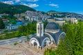 Aerial view of Church of Saint Vissarion Smolenski and planetarium in Smolyan, Bulgaria