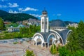 Aerial view of Church of Saint Vissarion Smolenski and planetarium in Smolyan, Bulgaria