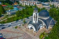 Aerial view of Church of Saint Vissarion Smolenski and planetarium in Smolyan, Bulgaria