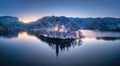 Aerial view of church, snowy island on the Bled Lake at night Royalty Free Stock Photo