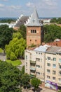 Aerial view of the Church of St. Bartholomew in the center of Drohobych, Ukraine