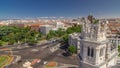 Aerial view of Cibeles fountain at Plaza de Cibeles in Madrid timelapse in a beautiful summer day, Spain Royalty Free Stock Photo