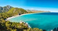 Aerial view of Cirali Beach from ancient Olympos ruins, Antalya Turkey