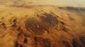 Aerial view of circular labyrinth in vast desert landscape, creating mysterious pattern Royalty Free Stock Photo