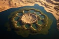 An aerial view of a circular structure in the middle of a lake, AI