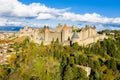 Aerial view of Cite de Carcassonne, a medieval hilltop citadel in the French city of Carcassonne, Aude, Occitanie, France.