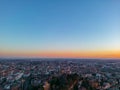 Aerial view Citta Alta Bergamo, Italy. Drone aerial view of the old town during sunrise. Landscape at the city center Royalty Free Stock Photo