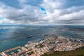 Aerial view on city and airport runway of Gibraltar and Spanish La Linea town on a background. Royalty Free Stock Photo
