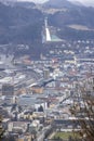 Aerial view of city and Bergisel Ski Jump, Innsbruck, Austria