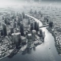 Aerial view of city with buildings representing financial institutions and river in the background representing