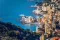 Aerial view of city of Camogli, Genoa Genova province, Ligurian riviera, Mediterranean coast, Italy