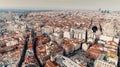 Aerial view of the city center of Madrid, Spain.The landmarks of the capital and the centre from bird eye view.Gran Via street