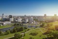 Aerial view on city center of Minsk and Svisloch River, Minsk, Belarus.