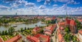 Beautiful Wroclaw panorama of the historic part of old town, river and sailing boats seen from tower of cathedral at Ostrow Tumski