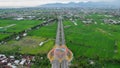 Aerial view of the city colorful Monument Tembolak Rainbow and Mataram City metro monument. The newest icon from the city of