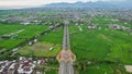 Aerial view of the city colorful Monument Tembolak Rainbow and Mataram City metro monument. The newest icon from the city of