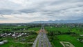 Aerial view of the city colorful Monument Tembolak Rainbow and Mataram City metro monument. The newest icon from the city of