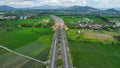 Aerial view of the city colorful Monument Tembolak Rainbow on Mataram. The newest icon from the city of Mataram Indonesia. Lombok