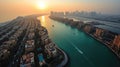 Aerial view of the city of Dubai at sunset, United Arab Emirates