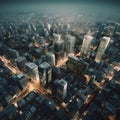 Aerial view of a city with financial institutions represented by buildings and skyscrapers