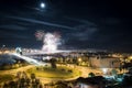 Aerial view of city with fireworks Royalty Free Stock Photo