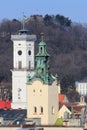 Aerial view of City Hall Tower and High Castle in central Lviv, Ukraine Royalty Free Stock Photo