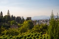 Aerial view of the city with historic center of Granada with some part of Alcazaba castle and Sierra Nevada on background Royalty Free Stock Photo