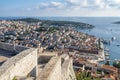 Aerial view of the city of Hvar on the island of Hvar, Croatia with the fortress and Central Cathedral of St. Stephen