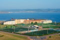 Aerial view of city La Coruna, Spain. Tilt shift effect.