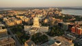 Aerial view of City of Madison. The capital city of Wisconsin from above. Drone flying over Wisconsin State Capitol in downtown. Royalty Free Stock Photo