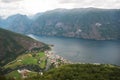 aerial view of city near Aurlandsfjord from Stegastein viewpoint Royalty Free Stock Photo