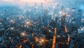 an aerial view of a city at night with lots of buildings and lights