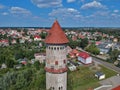 Aerial view on city, old town, water pressure tower, green city. Royalty Free Stock Photo