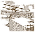 Aerial view of a city. Parcel delivery service biplane flying over the airfield on the roof of the building