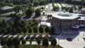 Aerial view of a city park, city beautification. Creative. Flying above the natural landscape, green trees and bushes.