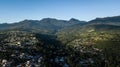 Aerial view of city in peruvian amazon jungle with mountains Royalty Free Stock Photo