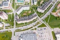 City residential area with shopping center and parking lot with cars. aerial view. Royalty Free Stock Photo