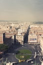 Aerial view of the city of Rome. Piazza Venezia and Via del Corso.