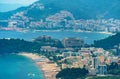 aerial view of the city on the seashore and mountains, panorama of the resorts of Becici and Budva in Montenegro, Adriatic sea,