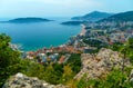 aerial view of the city on the seashore and mountains, panorama of the resorts of Becici and Budva in Montenegro, Adriatic sea,