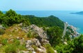 aerial view of the city on the seashore and mountains, panorama of the resorts of Becici and Budva in Montenegro, Adriatic sea,