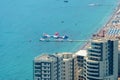 aerial view of the city on the seashore, panorama of the resorts of Becici and Budva in Montenegro, Adriatic sea, beaches, tourism