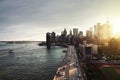 Aerial view on the city skyline in New York City, USA during the sunset
