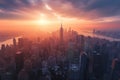 Aerial View of a City at Sunset, A skyline of New York City during sunset from an aerial perspective, AI Generated Royalty Free Stock Photo