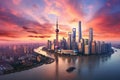 Aerial View of City at Sunset, View of the modern skyscrapers of the Shanghai skyline at sunset, China, AI Generated Royalty Free Stock Photo