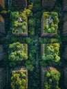 Aerial view on a city with tall buildings with green spaces on roofs. Urban concrete jungle, highlighting environmental